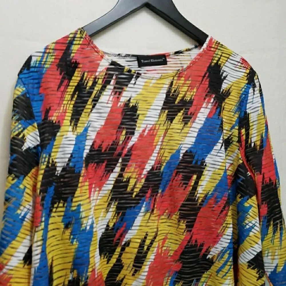 Travel Elements Women's 2X Top Abstract Multicolor Plissé Plaid Asymmetric Boho